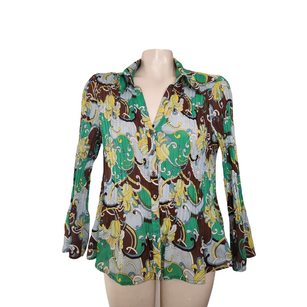 Sunny Leigh L Psychedelic Paisley Pleated Button Up Blouse Green Flared sleeve